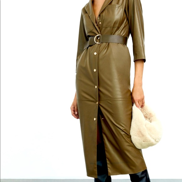chinese dress ladies Zara Brown Faux Leather Midi Secretary Dress Large Sheath Dress  Cougar  Vintage Shop
